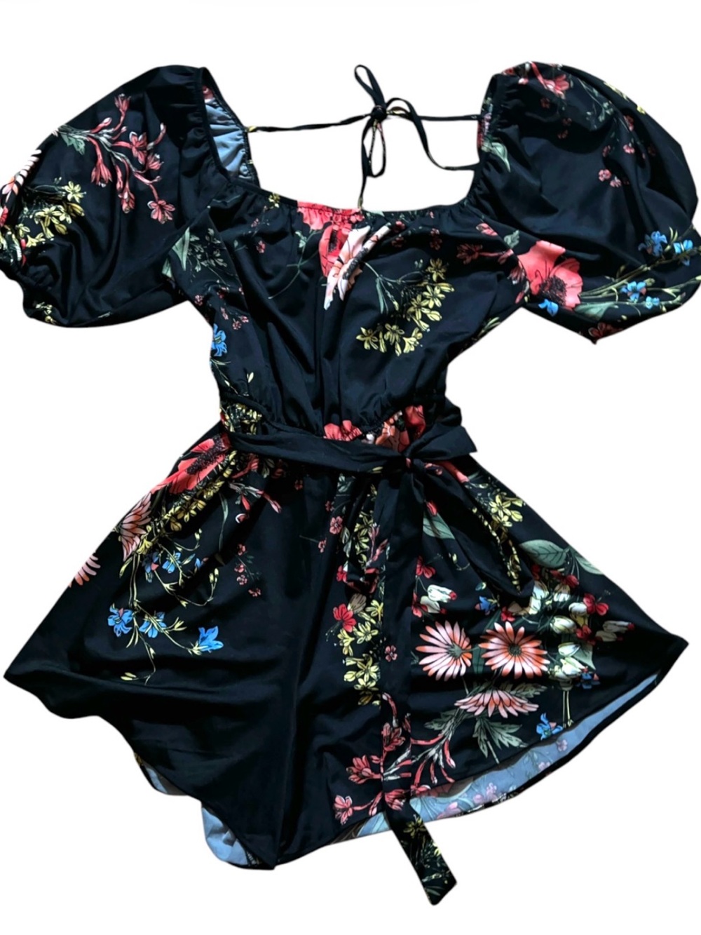 Mango Floral Off-Shoulder Black Shorts Romper with Puff Sleeves size M